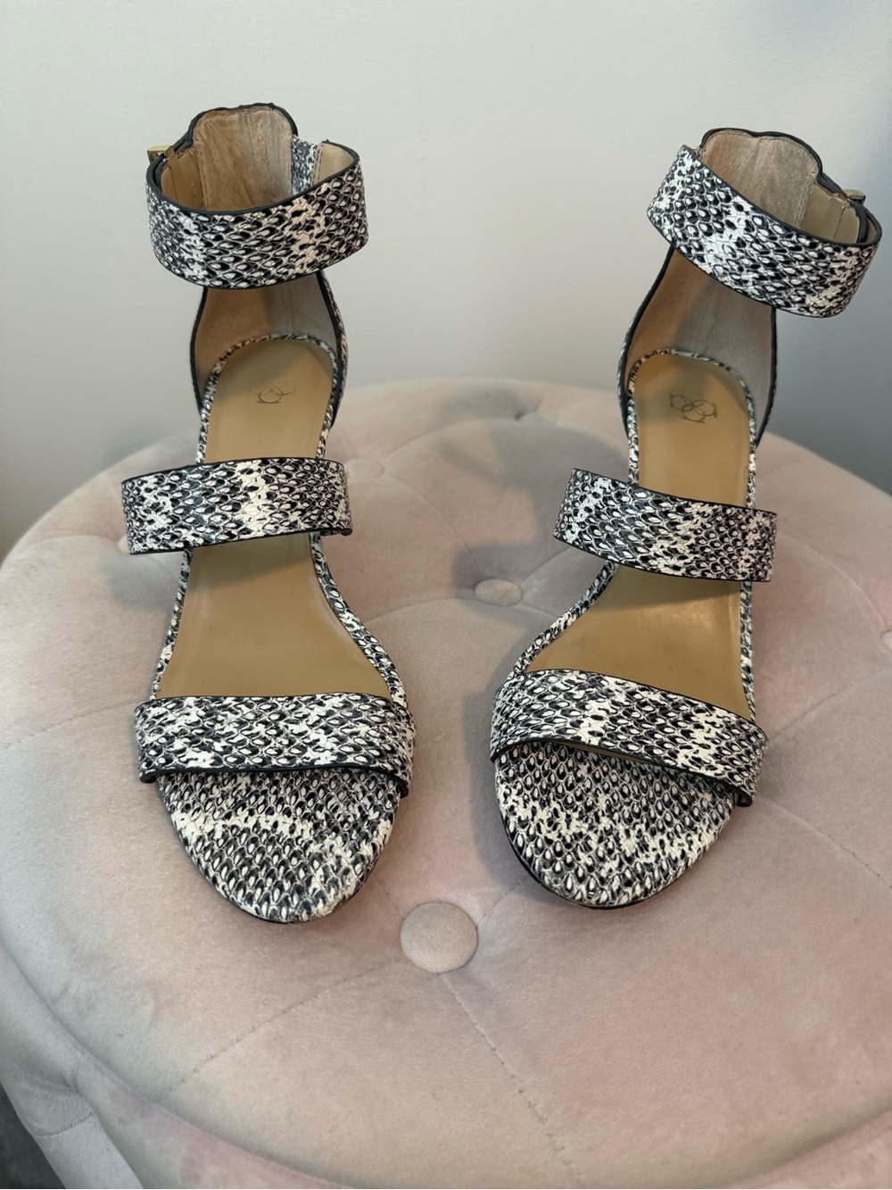 Ann Taylor Black and White Patterned Ankle-Strap Heels